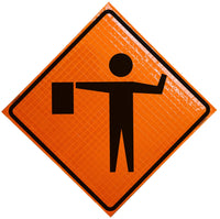 Roll Up Sign 36x36 With Reinforcement Ribs, Black/Orange, Flagger Symbol